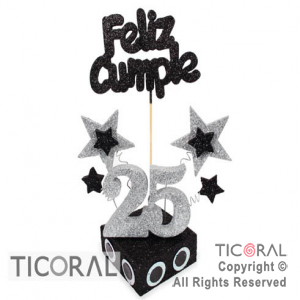 ADORNO ESCENOGRAFIA CUBITO 25 A�OS F/CUMPLE TEL 25 PLATA BASE NEGRA x 1